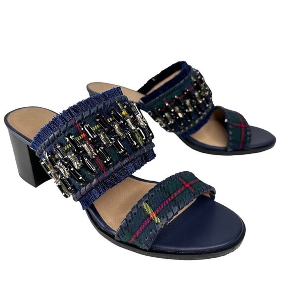 Jack Rogers Beatrix Bejeweled Plaid Block Heel Sandal Navy Green Size 9 New - Picture 14 of 14